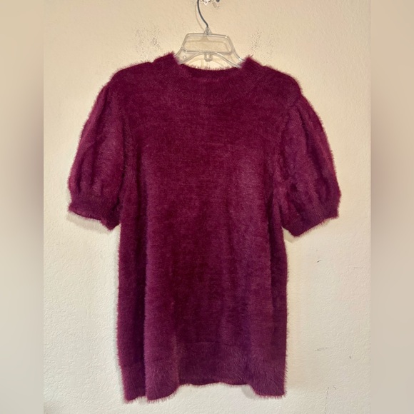 CeCe WOMEN'S SHORT-SLEEVE MOCK-NECK EYELASH SWEATER IN WINE XL - Picture 2 of 9